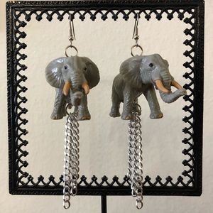 Elephant toy animal earrings silver chains OOAK